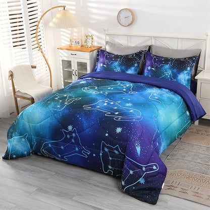 Wowelife 5 Piece Galaxy Space Cat Bedding Comforter Set Queen Constellation Bedding Set Blue Kids Bedding Set Bed in a Bag for Boys and Girls with Comforter, Flat Sheet, Fitted Sheet and 2 Pillowcases