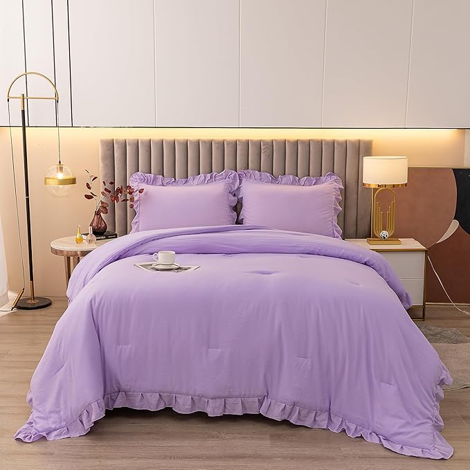Andency Lavender Twin Size Comforter(66x90Inch), 2 Pieces(1 Ruffle Comforter and 1 Pillowcase) Solid Farmhouse Shabby Chic Comforter, Lighteweight and Soft Microfiber Bedding Set