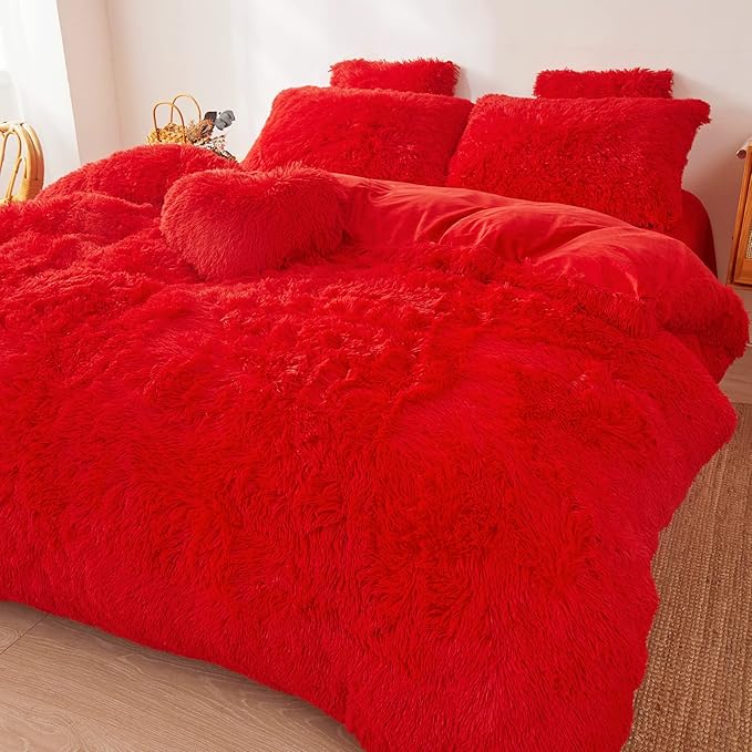 FOPPA Christmas red Comforter Cover Set Queen - Ultra Soft Plush red Bedding Sets 3 Pieces (1 Faux Fur Duvet Cover + 2 Faux Fur Pillow case) red Bed Set Queen (Red, Queen)