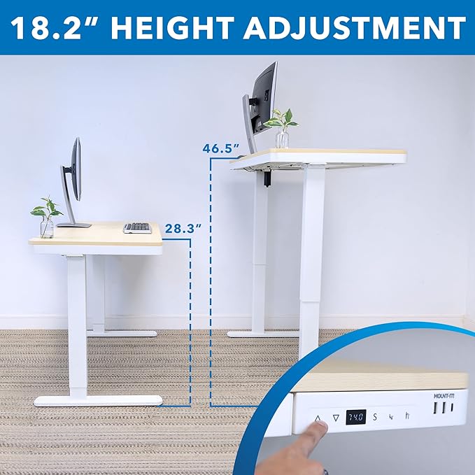 Mount-It! 47.2" Wide x 28.3" Deep Electric Height Adjustable Desk, Ergonomic Standing Workspace, Height Adjustment up to 46.5" Tall, Large Desktop, USB Ports, Drawer, Home Office, White, Maple Top