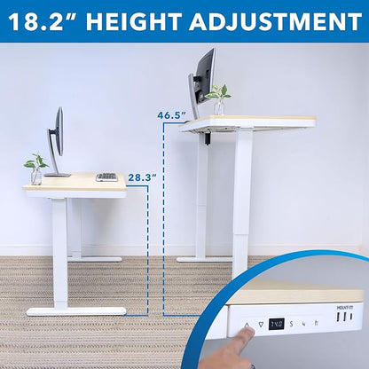 Mount-It! 47.2" Wide x 28.3" Deep Electric Height Adjustable Desk, Ergonomic Standing Workspace, Height Adjustment up to 46.5" Tall, Large Desktop, USB Ports, Drawer, Home Office, White, Maple Top