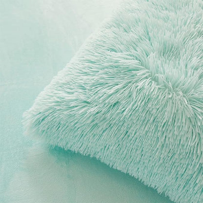 FOPPA Green Comforter Cover Set - Ultra Soft Plush Bedding Sets 3 Pieces (1 Faux Fur Duvet Cover + 2 Faux Fur Pillow case) Green Bed Set(Mint Green, Queen)