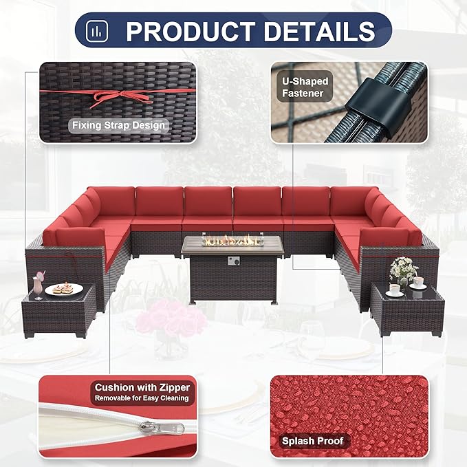 Patio Furniture Set with Fire Pit Table 15 PCS Outdoor Sectional Furniture Outdoor Rattan Patio Conversation Sets with 43in 55,000 BTU Propane Gas Fire Pit Table Glass Table, Red