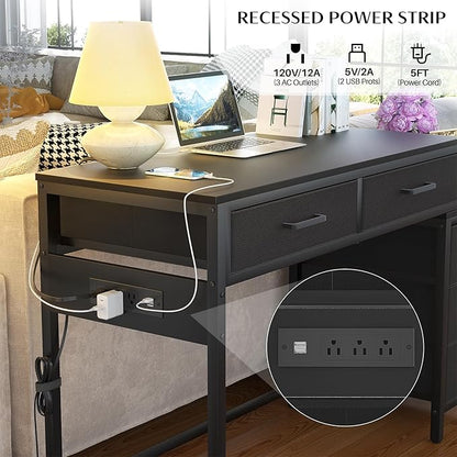 Computer Desk with 5 Drawers, Reversible Office Desk with Power Outlets and USB Charging Ports, Sturdy Writing Table with File Cabinet and Printer Stand, Laptop Desk for Small Spaces, Black