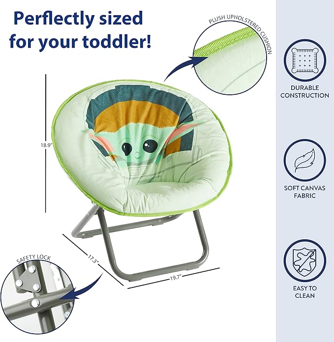 Idea Nuova Disney Star Wars The Mandalorian, Grogu aka The Child Toddler 19” Folding Saucer Chair with Cushion, Polyester, Ages 3+