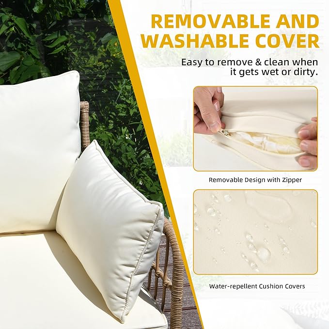 DWVO 4 Pieces Patio Furniture Set, Outdoor Rattan Woven Patio Conversation Set Sectional L-Shaped Sofa with 5 Seater for Backyard, Porch, Boho Detachable Lounger with Cushions and Side Table (Beige)