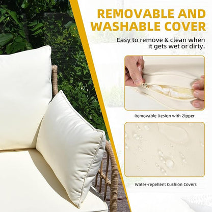 DWVO 4 Pieces Patio Furniture Set, Outdoor Rattan Woven Patio Conversation Set Sectional L-Shaped Sofa with 5 Seater for Backyard, Porch, Boho Detachable Lounger with Cushions and Side Table (Beige)