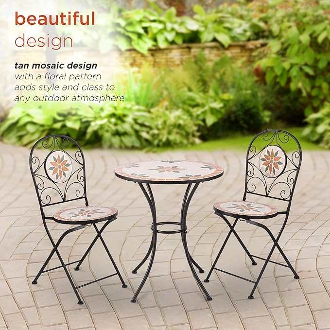 Alpine Corporation Indoor/Outdoor 3-Piece Mosaic Bistro Set Folding Table and Chairs Patio Seating, Tan