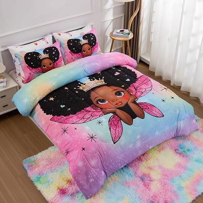 A Nice Night Black Girl Princess with Wings Comforter Set,Pink Gradient Glitter Rainbow Galaxy 6pcs Kids Bedding Set,Full
