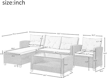 4 Piece Outdoor Patio Furniture Sets Wicker Rattan Conversation Sofa with Glass Table, Chaise Lounge and Chair for Garden Backyard, Onesize, Beige