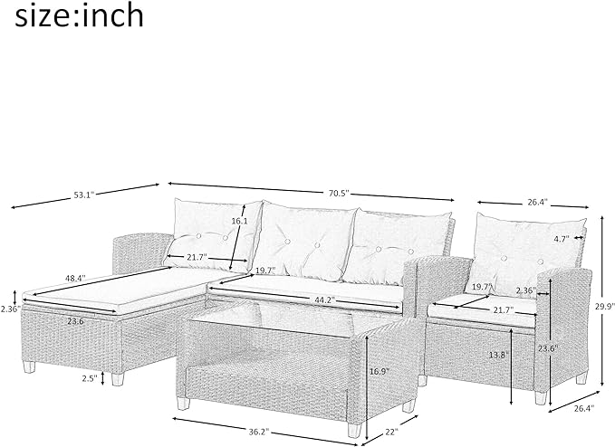 Outdoor Furniture Sets 4 Piece Patio Conversation Sofa with Glass Table, Chaise Lounge and Chair, for Garden Backyard, Onesize, Beige