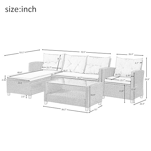 4PCS Patio Furniture Set, Outdoor Wicker Conversation Sectional L-Shaped Sofa with 4 Seater Thickness Coffee Table, for Backyard, Porch, Onesize, E-Beige Cushion+Brown Rattan