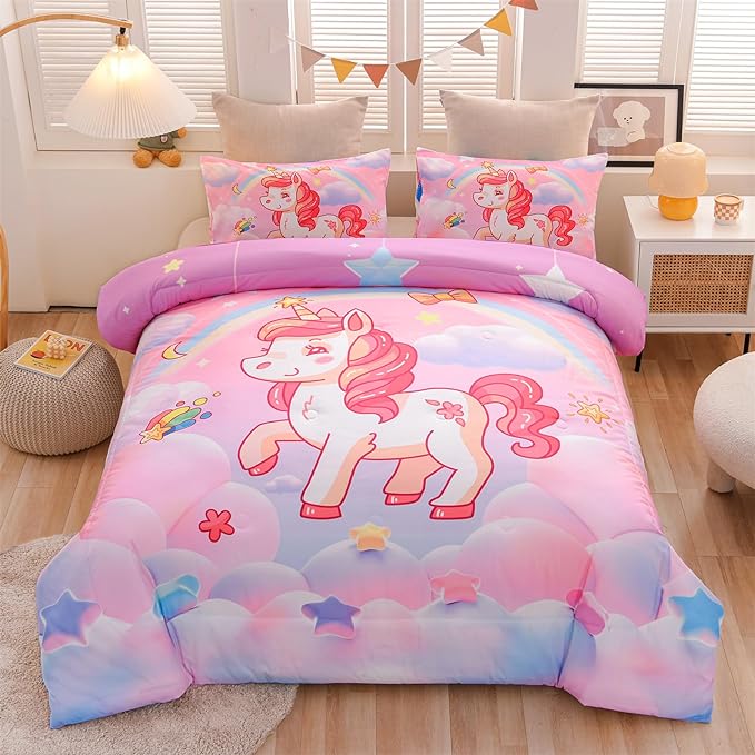 Aimuan Girls Unicorn Comforter Set 3 Pieces Pink Purple Bedding Set with Rainbow Star Galaxy Stars Fantasy Children Room Decor Soft Reversible Bed Sets for Boys/Girls/Teens (Pink Full3Pcs)