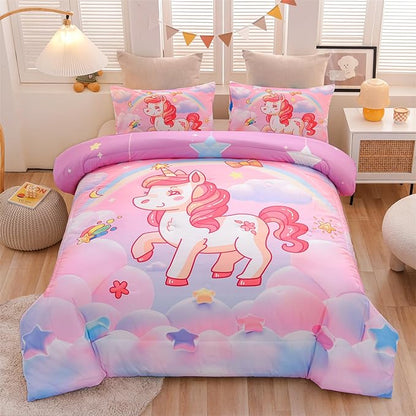 Aimuan Girls Unicorn Comforter Set 3 Pieces Pink Purple Bedding Set with Rainbow Star Galaxy Stars Fantasy Children Room Decor Soft Reversible Bed Sets for Boys/Girls/Teens (Pink Full3Pcs)