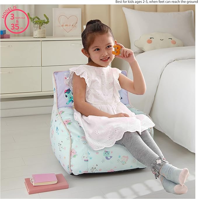 Idea Nuova Gabby's Dollhouse Kids Fabric Bean Bag Chair with Piping & Top Carry Handle, Large