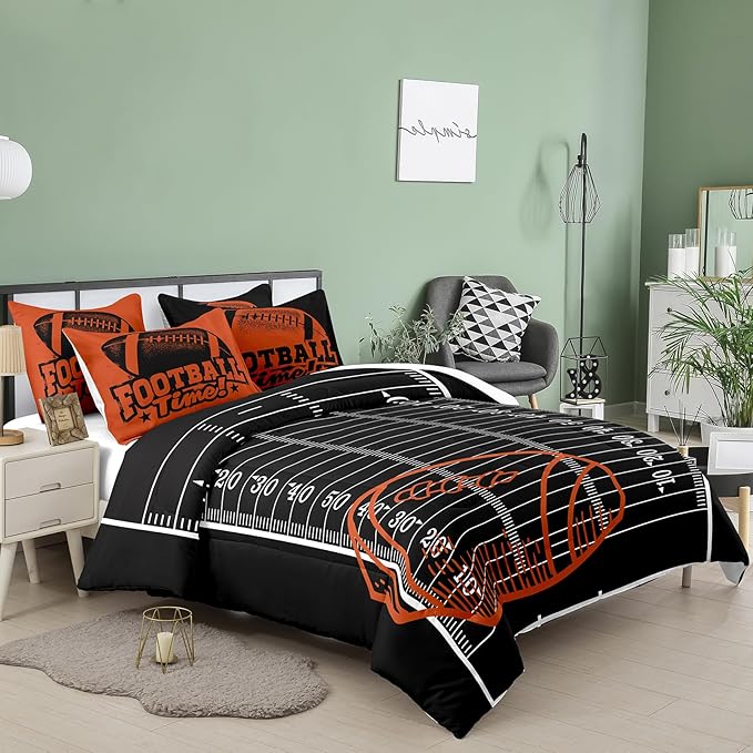 Tailor Shop Sports Football Comforter Set for Boys Kids Teens ，Football Bedding Sets Queen Size Black Rugby Theme Bedding Set with 2 Comforter 2 Pillowcases…