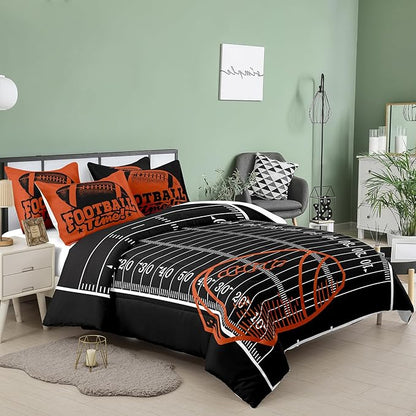 Tailor Shop Sports Football Comforter Set for Boys Kids Teens ，Football Bedding Sets Queen Size Black Rugby Theme Bedding Set with 2 Comforter 2 Pillowcases…