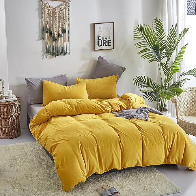 Wellboo Mustard Yellow Velvet Comforter Sets Full Size Solid Fluffy Turmeric Yellow Bedding Comforters Plain Dark Yellow Sherpa Quilts Soft Warm Winter Flannel Plush Blanket Luxury Shaggy Crystal Bed