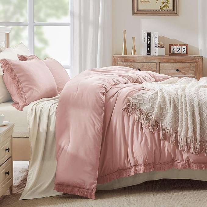 Andency Pink Comforter Set California King for Girls, Blush Boho Women Tassel Lightweight Bedding Comforter Sets, 3 Pieces All Season Soft Fluffy Fringe Bed Set (104x96In Comforter & 2 Pillowcases)