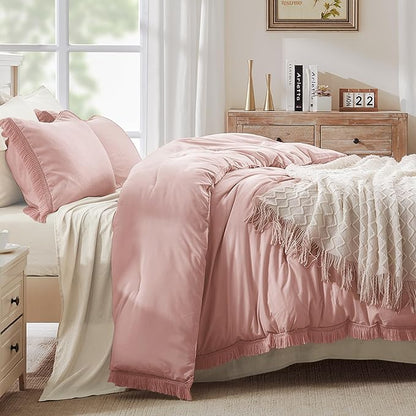 Andency Pink Comforter Set California King for Girls, Blush Boho Women Tassel Lightweight Bedding Comforter Sets, 3 Pieces All Season Soft Fluffy Fringe Bed Set (104x96In Comforter & 2 Pillowcases)