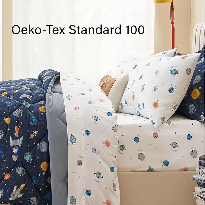 Twin Size Space Kids Bedding Set for Girls, 5 Pieces Super Soft Lightweight Microfiber Comforter Set with Sheets, Space Bedding Twin, Bed in a Bag, Durable Children Bed Set