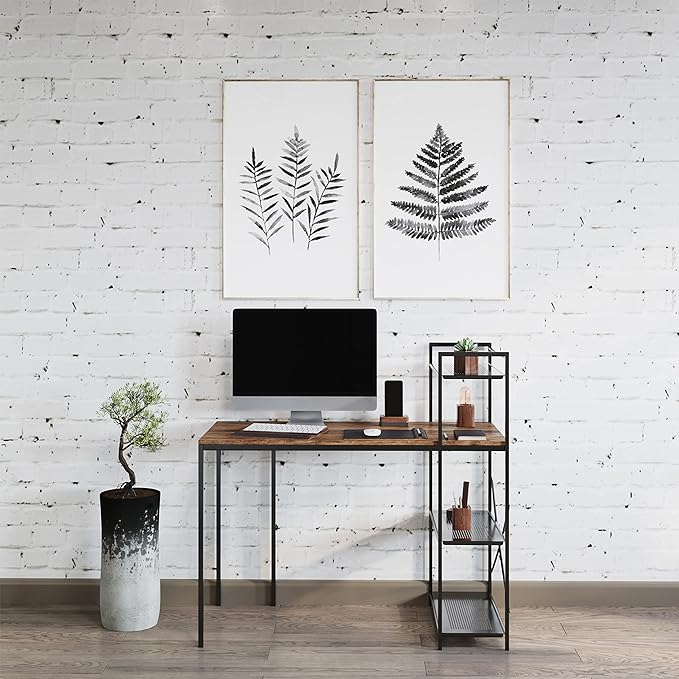 Lavish Home 80 BLT-SHF All-in-One Computer Desk with Shelves for Home Office, Bedroom, or Craft Table, Rustic Brown & Black