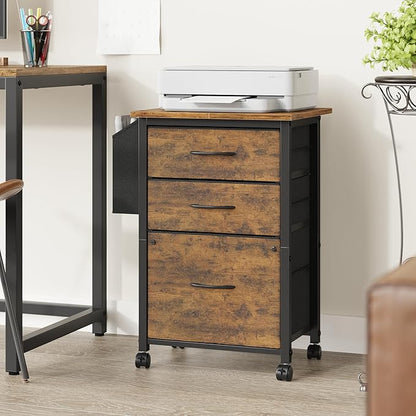 3 Drawer File Cabinet with 18'' Extended Board, Fabric Drawer, Mobile Filing Cabinet Fits A4/Letter Size Files, Rolling Printer Stand with Storage Bag, File Cabinet Home Office, Rustic Brown