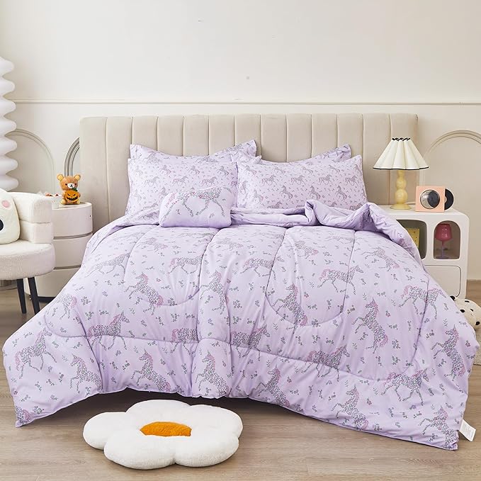 Mooreeke Full Size Comforter Sets for Girls Kids, 8 Pieces Bed in a Bag Purple Floral Unicorn Bedding Comforter Sheet Set with Shams and Decorative Toy Pillow, Ultral Soft Microfiber Kids Bed Set