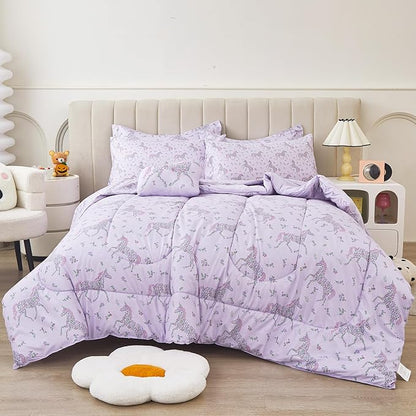 Mooreeke Twin Size Comforter Sets for Girls Kids, 6 Pieces Bed in a Bag Purple Floral Unicorn Bedding Comforter Sheet Set with Shams and Decorative Toy Pillow, Ultral Soft Microfiber Kids Bed Set