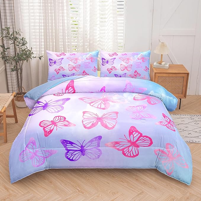 Tailor Shop Butterfly Comforter Sets King Size,Purple Butterfly Bedding Sets for Girls Kids Teens with 2 Pillowcase…
