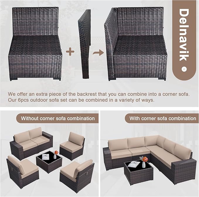 Patio Furniture Set Sofa 6-Piece Wicker Sectional Sofa Set, Outdoor Furniture Rattan Patio Sofa Conversation Set with Thickened Cushions and Glass Coffee Table, Sand