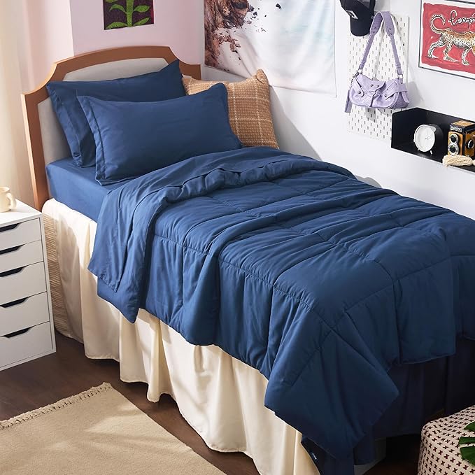 Bedsure Navy Twin XL Comforter Set - 5 Pieces Solid Twin XL Bed in a Bag for College, Twin XL Bed Set with Comforters, Sheets, Pillowcase & Sham, Extra Long Twin Comforter Set