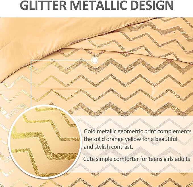 Yellow Gold Comforter Set Queen Size Metallic Bedding Set for Girls Lightweight Microfiber Comforter Set,4 Piece (2 Matching Sham + 1 Decorative Pillow)