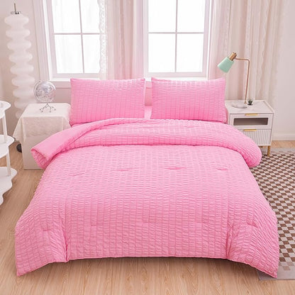 Twin Bed in a Bag Pink Seersucker Comforter Set 5-Pieces Microfiber Lightweight Comforter All Season Bedding Sets with Comforter,Flat Sheet,Fitted Sheet and Pillowcases