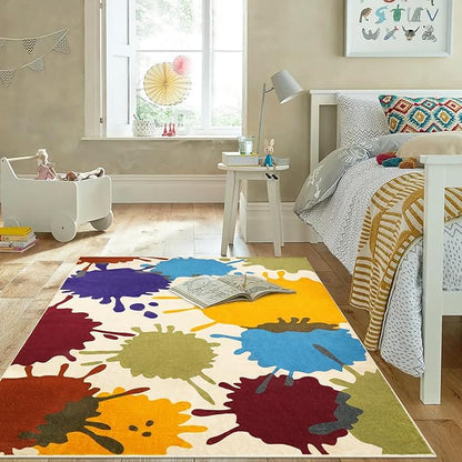 Colorful Area Rug, 5'x7' Classroom Rug for Kids, Paint Splash Washable Rug for Playroom, Non-Slip Rainbow Nursery Rug Soft Living Room Carpet for Bedroom Dining Room Kids Room
