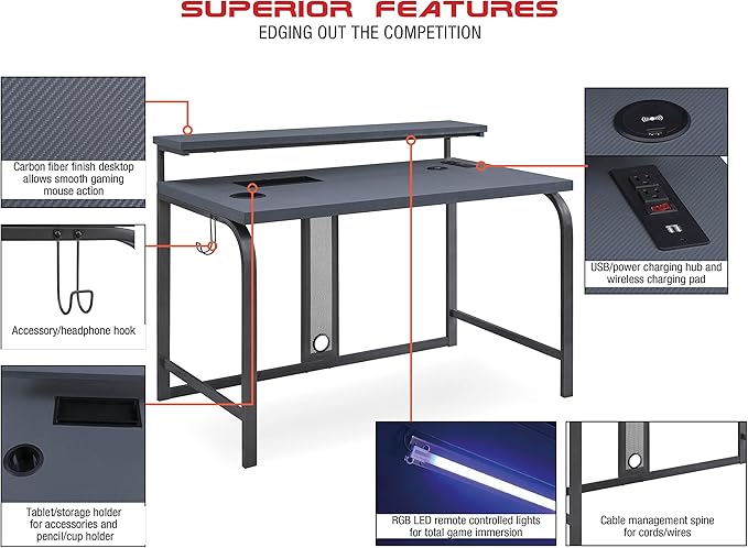 OSP Home Furnishings Reload Gaming Desk with Wireless Charging, USB Power Hub, and Remote Controlled RGB LED Lights, Matte Grey Carbon Fiber