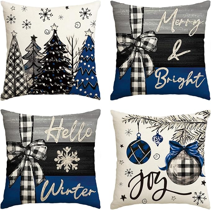 AVOIN colorlife Merry Christmas Joy Xmas Trees Blue and Black Throw Pillow Covers, 20 x 20 Inch Christmas Winter Holiday Cushion Case Decoration for Sofa Couch Set of 4
