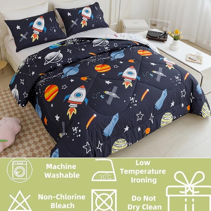 RYNGHIPY Kids Comforter Set Twin Size, Cute Space Rocket Bedding Set for Boys Girls, Space Themed Teen Boy Bedding (Space Rocket,Twin)