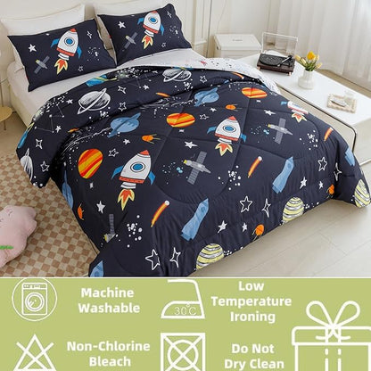 RYNGHIPY Kids Comforter Set Twin Size, Cute Space Rocket Bedding Set for Boys Girls, Space Themed Teen Boy Bedding (Space Rocket,Twin)