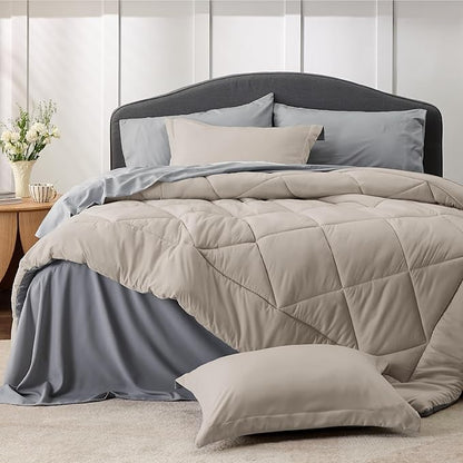 Bedsure Beige King Comforter Set - 7 Pieces Reversible Bed Set Bed in a Bag King with Comforters, Sheets, Pillowcases & Shams, King Bedding Sets