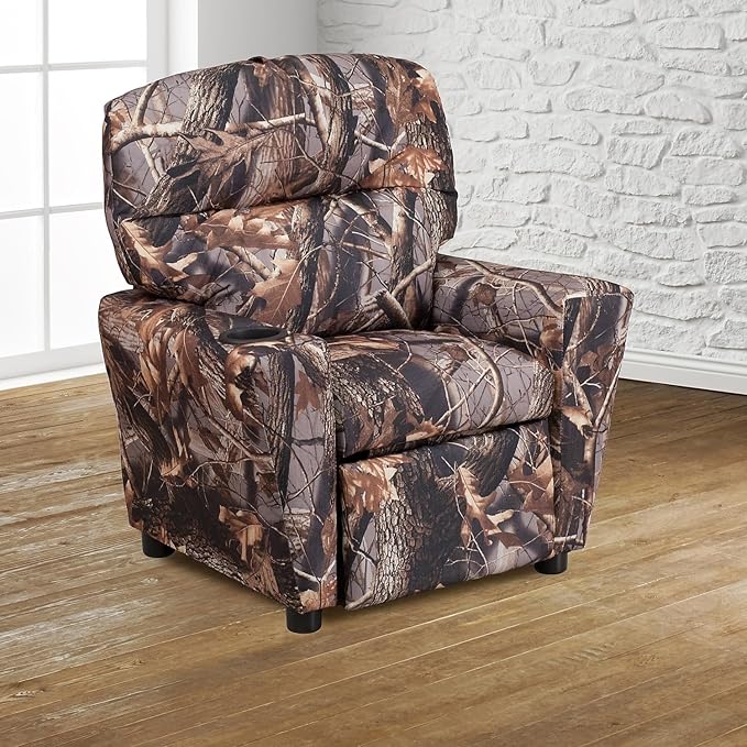Flash Furniture Chandler Vinyl Kids Recliner with Cup Holder and Safety Recline, Contemporary Reclining Chair for Kids, Supports up to 90 lbs., Camouflage