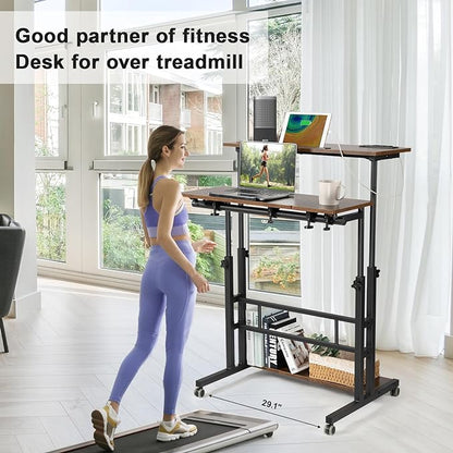 Hadulcet Mobile Standing Desk with Charging Station, Stand Up Laptop Desk Mobile Workstation for Home Office Classroom with Wheels, 31.49 x 23.6 in Rustic Brown
