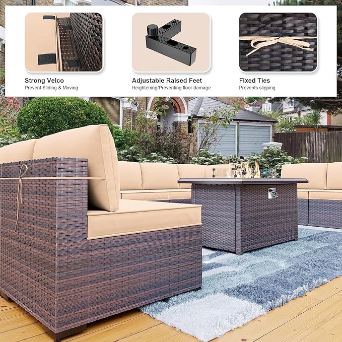 Kullavik 13PCS Outdoor Patio Furniture Set with 43" 55000BTU Gas Propane Fire Pit Table PE Wicker Rattan Sectional Sofa Patio Conversation Sets,Khaki