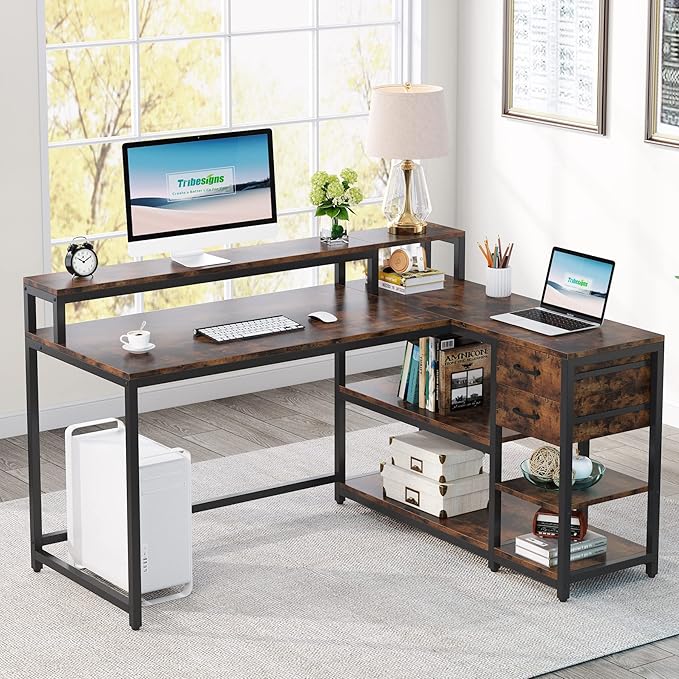 Reversible L-Shaped Computer Desk with hutch & Shelf,rustic