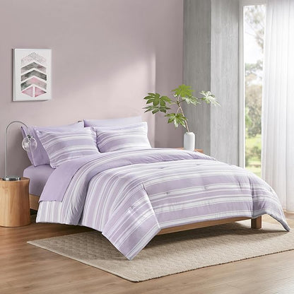 Codi Lavender Purple Queen Comforter Set with Sheets, Striped Bed in a Bag Reversible for All Seasons, Cationic Dyeing Bedding Sets with Comforter, Sheets, Pillowcases & Shams