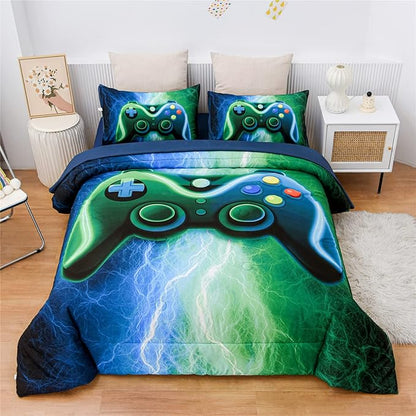 Meeting Story Gamer Gaming Bedding Sets Red Blue Lightnings Gamepad Comforter Set for Boys Games Console Action Buttons Novelty Colorful Modern Room Decor Home Quilt Set (Blue-Grenn, Queen 5Pcs)
