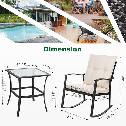 Shintenchi Outdoor 3-Piece Rocking Bistro Set,Wicker Patio Furniture Porch Chairs Conversation Sets with Glass Coffee (Beige Cushion)