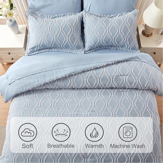 EMME Twin Comforter Set - 5 Pcs Blue Boho Bedding Sets, Twin Size Tufted Comforter with Sheets, Shabby Chic Embroidery Bed Set Fluffy Bed Bag for All Season(68"X90")