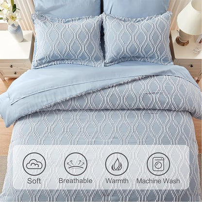 EMME Twin Comforter Set - 5 Pcs Blue Boho Bedding Sets, Twin Size Tufted Comforter with Sheets, Shabby Chic Embroidery Bed Set Fluffy Bed Bag for All Season(68"X90")
