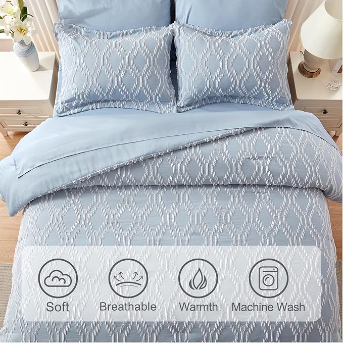 EMME Queen Comforter Set - 7 Pcs Blue Boho Bedding Sets, Full Size Tufted Comforter with Sheets, Shabby Chic Embroidery Queen Bed Set Fluffy Bed Bag for All Season(90"X90")